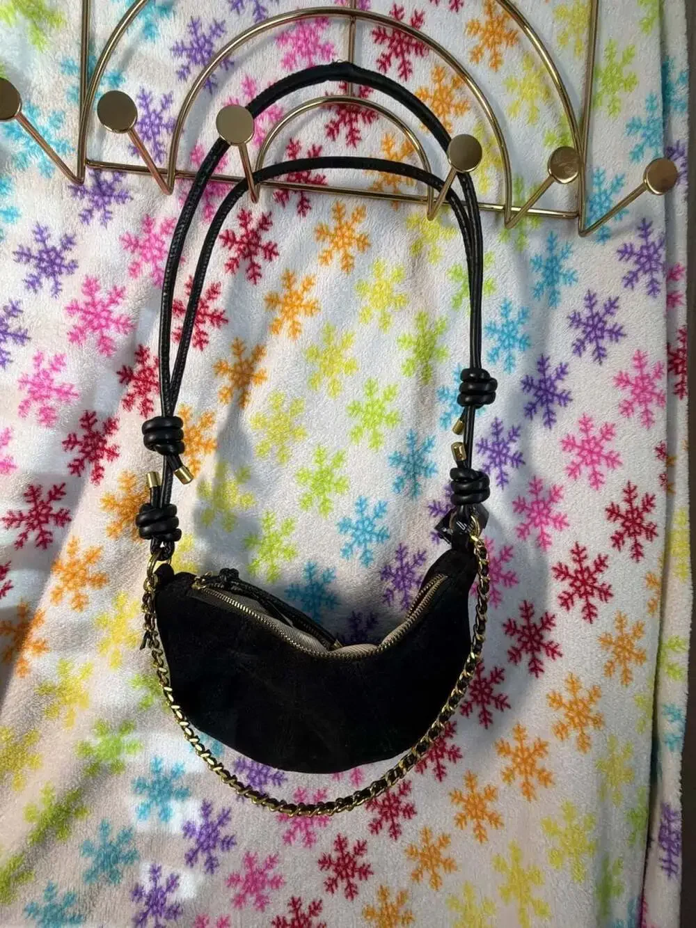 Black Faux Suede Crescent Moon Shoulder Bag with Chain and Knot Detail